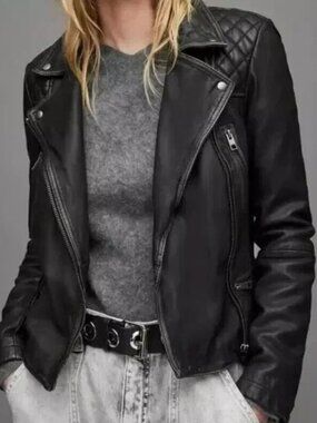 AllSaints Catch Biker Leather Jacket Black US 4 | Classic Moto | Genuine Leather